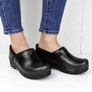 Sanita Black Leather Clog Mules